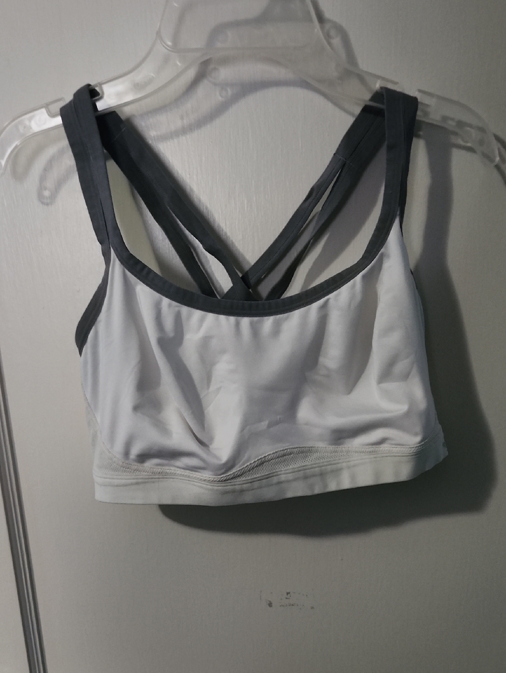 Lily of France White Sports Bra with Gray Trim and Crisscross Straps